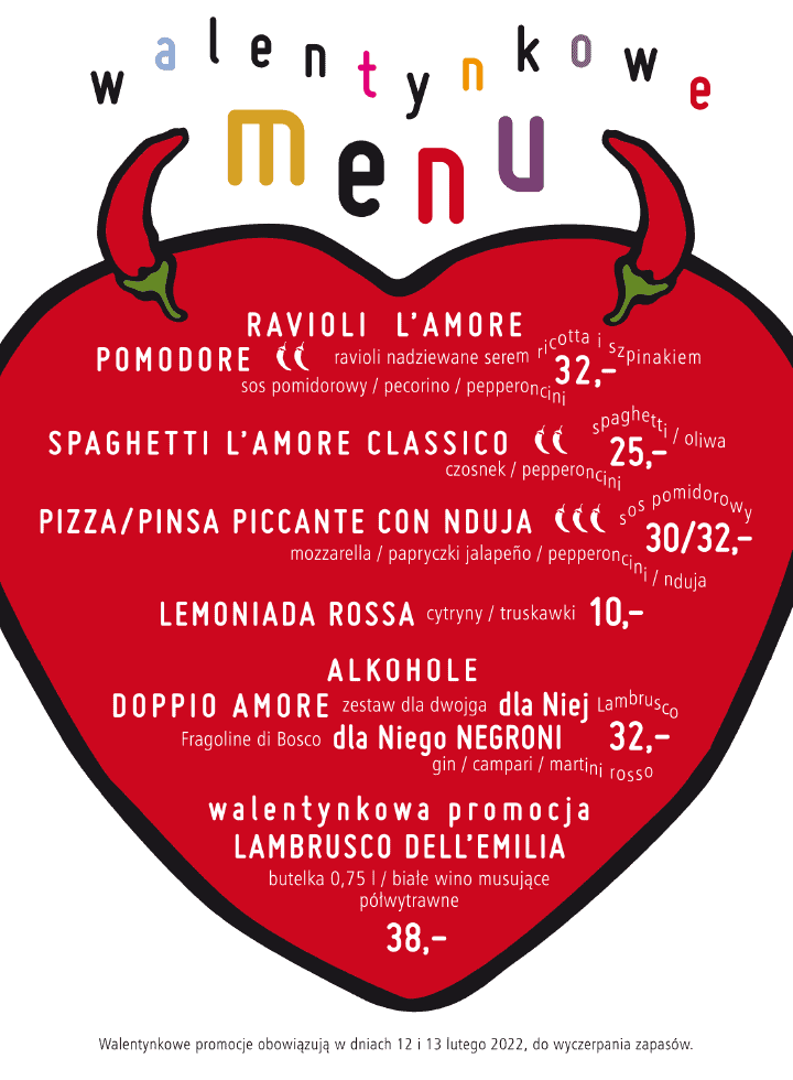 Menu Walentynkowe Pizzeria - Druki Ulotne - Wojciech Zych